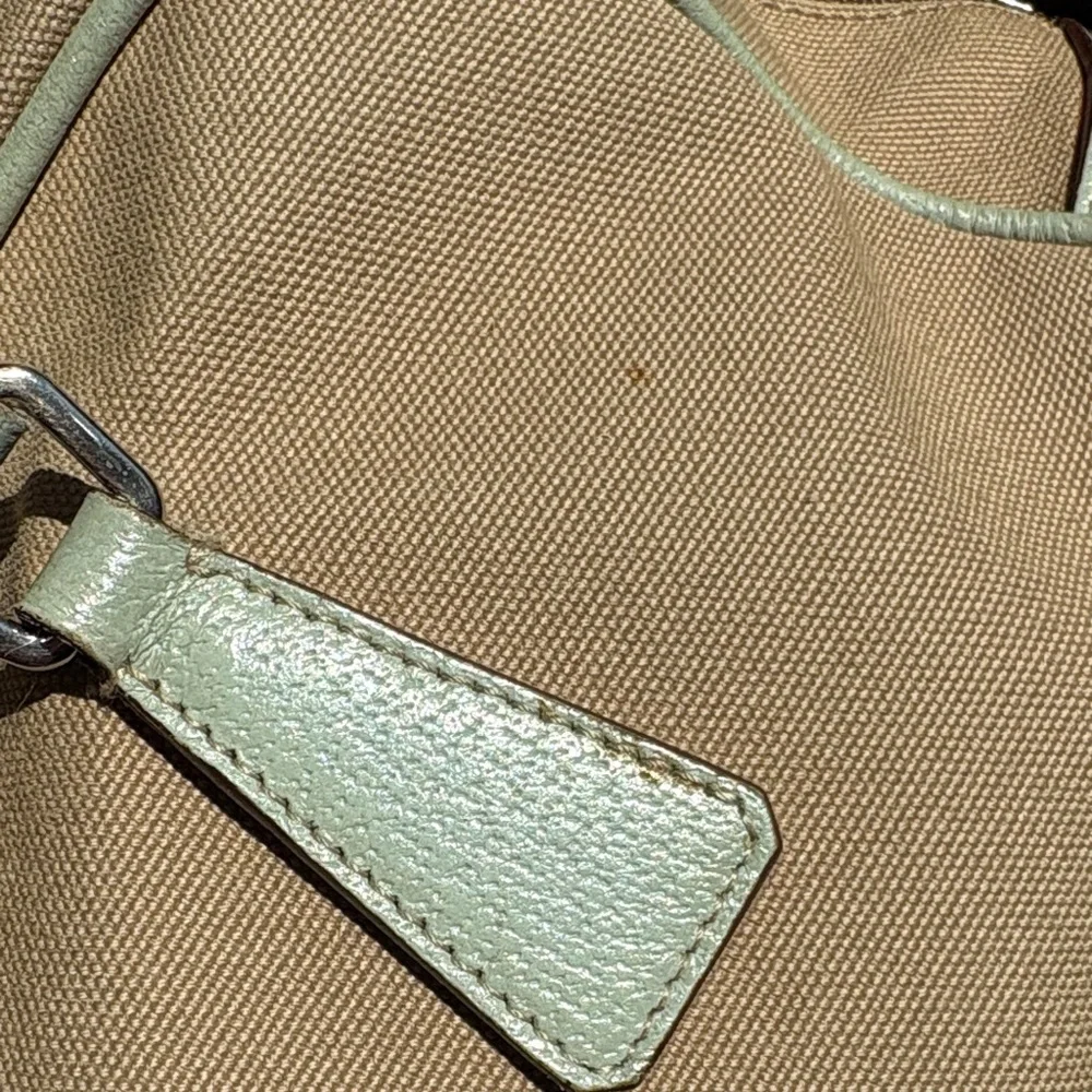 Prada Tan Canvas Shoulder Bag with Sage Green Trim